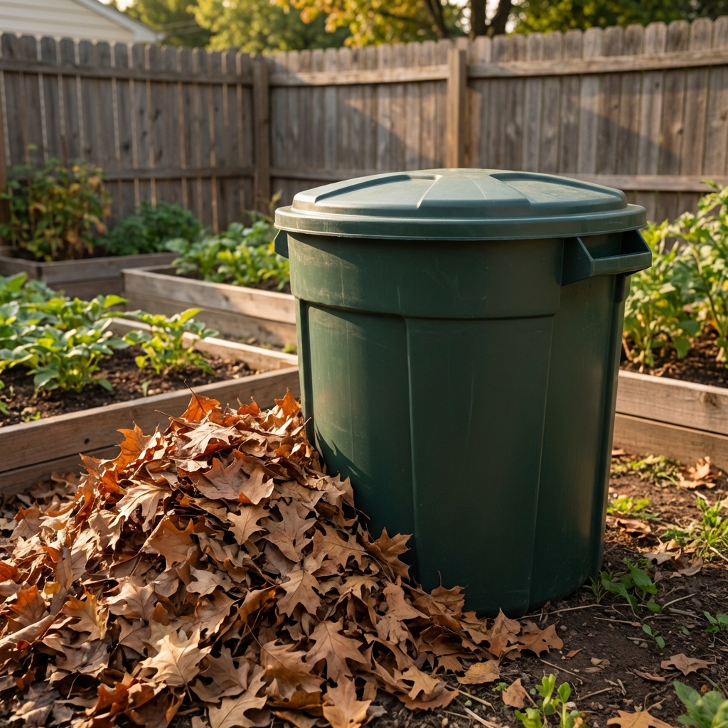 Backyard compost bin with a closed lid next to a pile of dry leaves