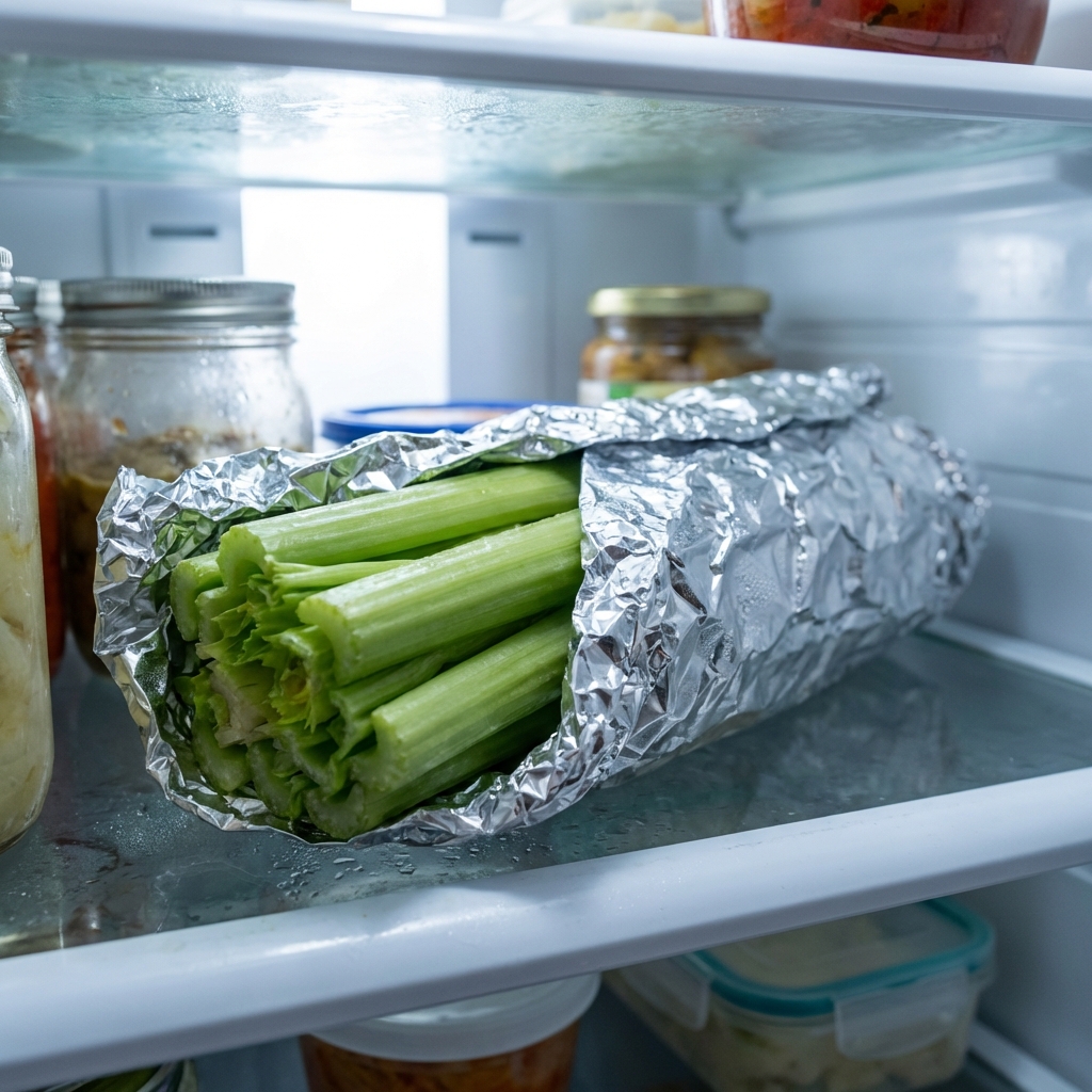 Celery stalks wrapped in aluminum foil on a refrigerator shelf
