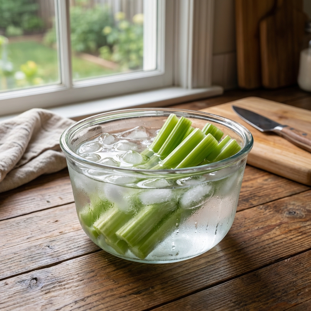 Celery sticks soaking in a clear glass bowl of ice water on a kitchen counter