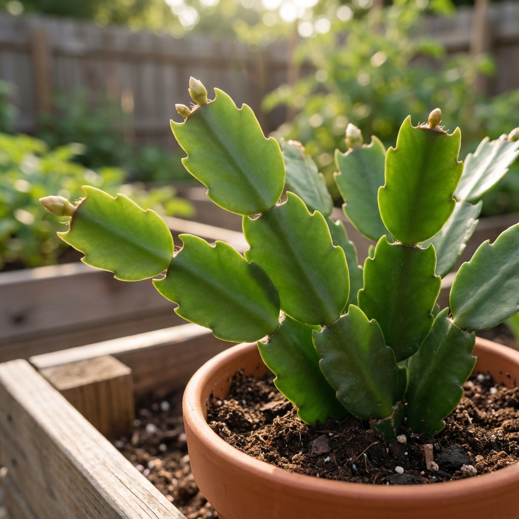 Close-up of Christmas cactus segments with smooth, scalloped edges