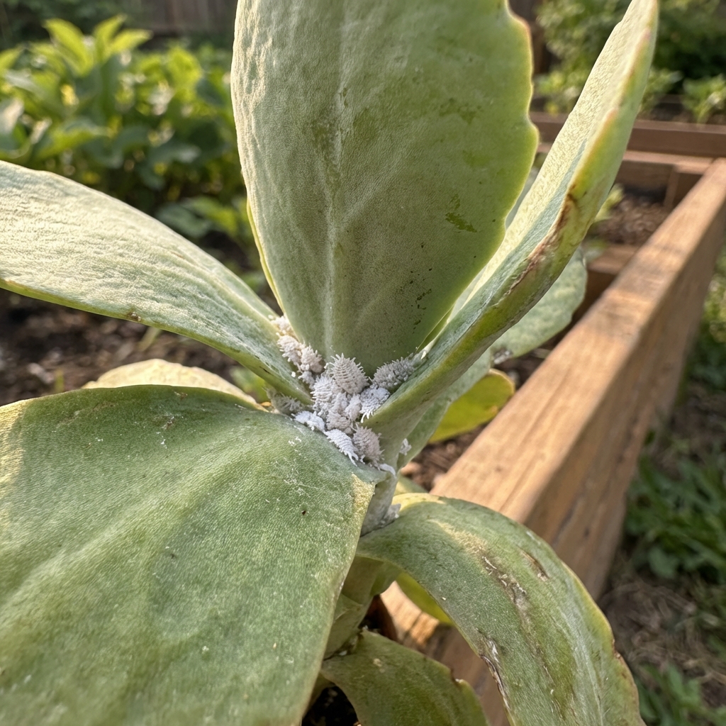 Close-up of a kalanchoe leaf with mealybugs clustered near the leaf joint
