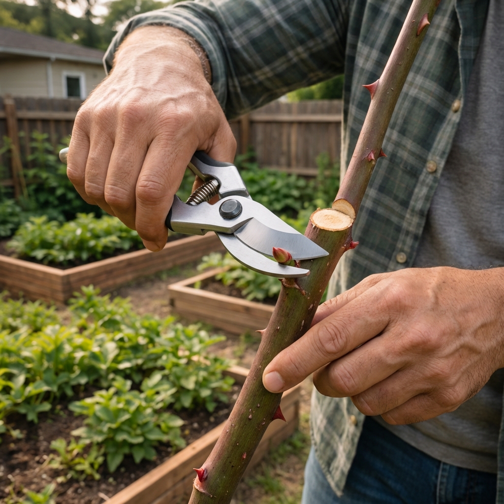 Close-up of clean bypass pruners cutting a rose cane just above an outward-facing bud