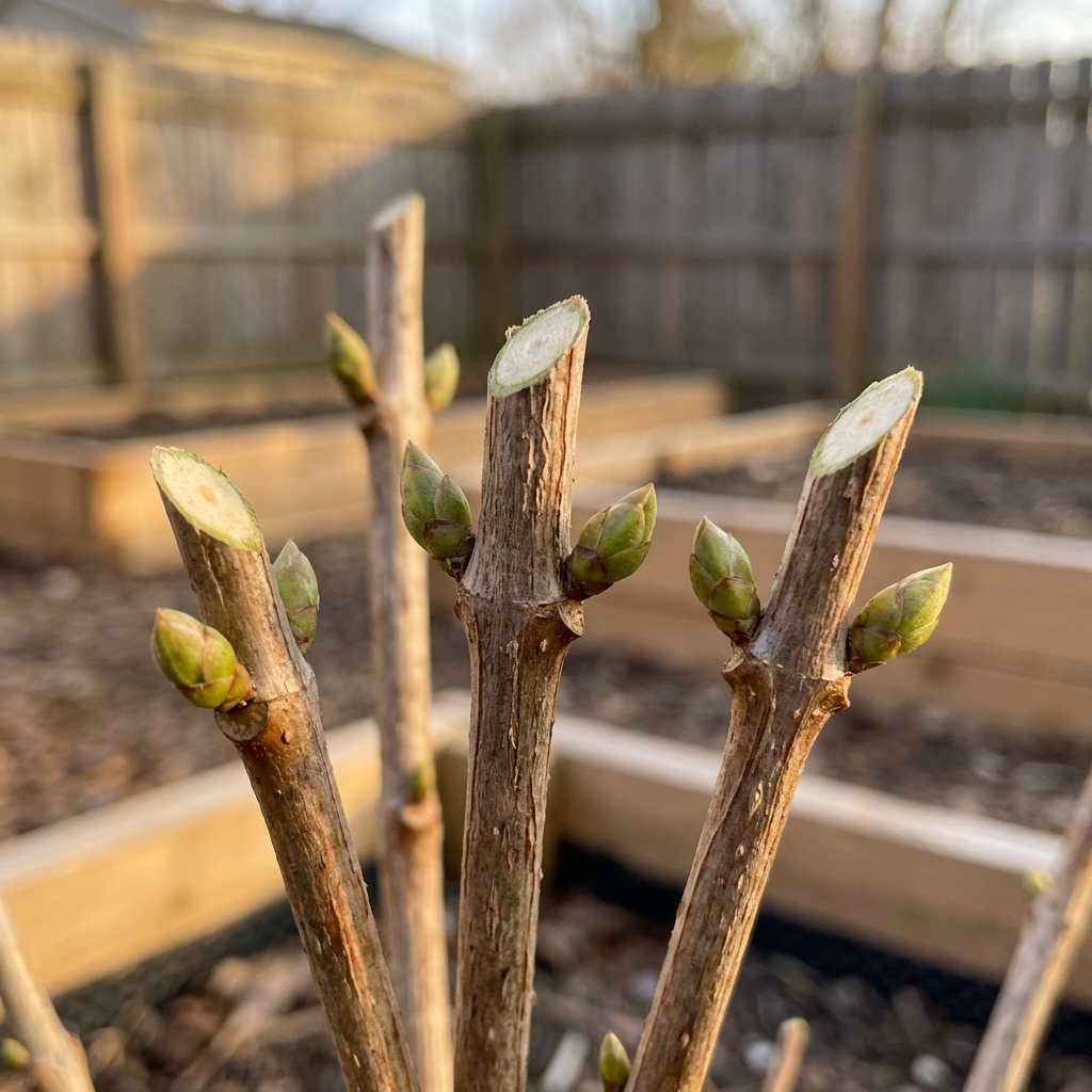 Close-up of clean pruning cuts on hydrangea stems just above a pair of buds in early spring