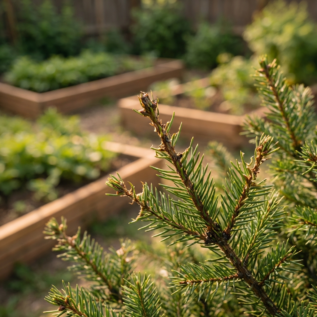 Close-up of evergreen branch tips with ragged bite marks from browsing deer