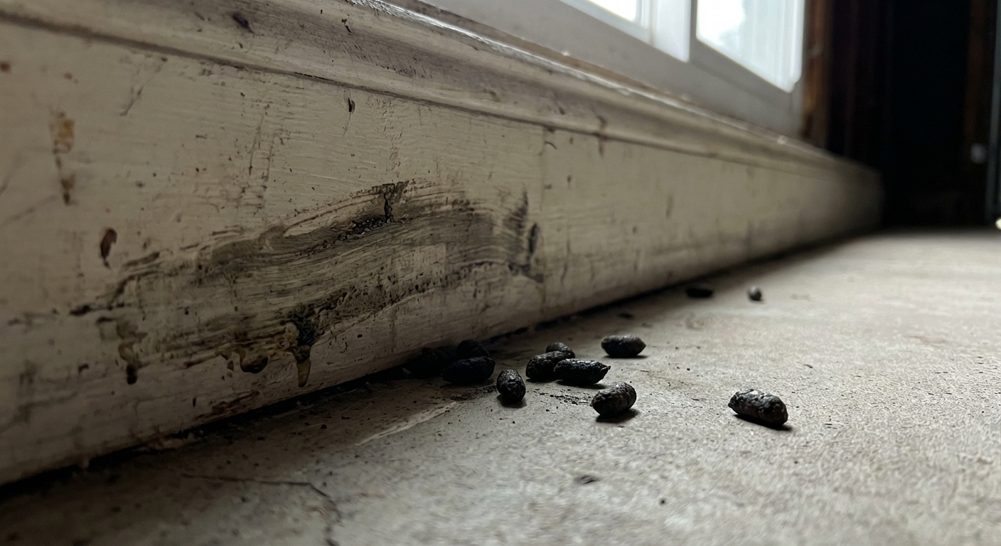 Close-up of rat droppings and a greasy rub mark along a garage baseboard