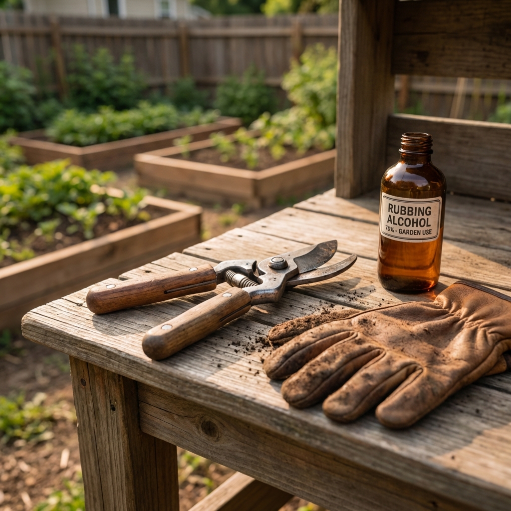 Close-up photo of bypass pruners, leather gardening gloves, and a small bottle of rubbing alcohol on a potting bench