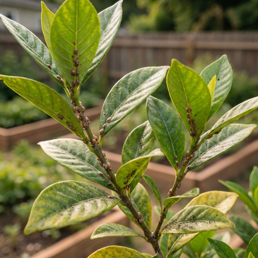 Close-up photo of gardenia leaves with visible scale insects along the stems