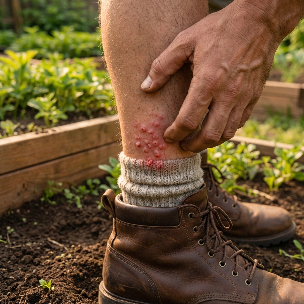 Close-up photo of itchy red bumps clustered around a sock line on an ankle