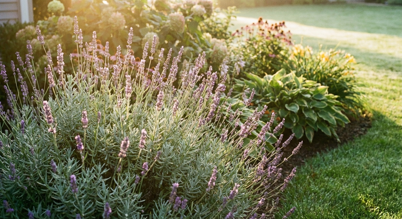 Close-up photo of lavender foliage with purple flower spikes in a sunny garden
