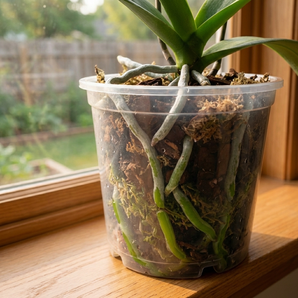 Close-up photo of orchid roots visible through a clear pot, showing silvery roots turning green after watering