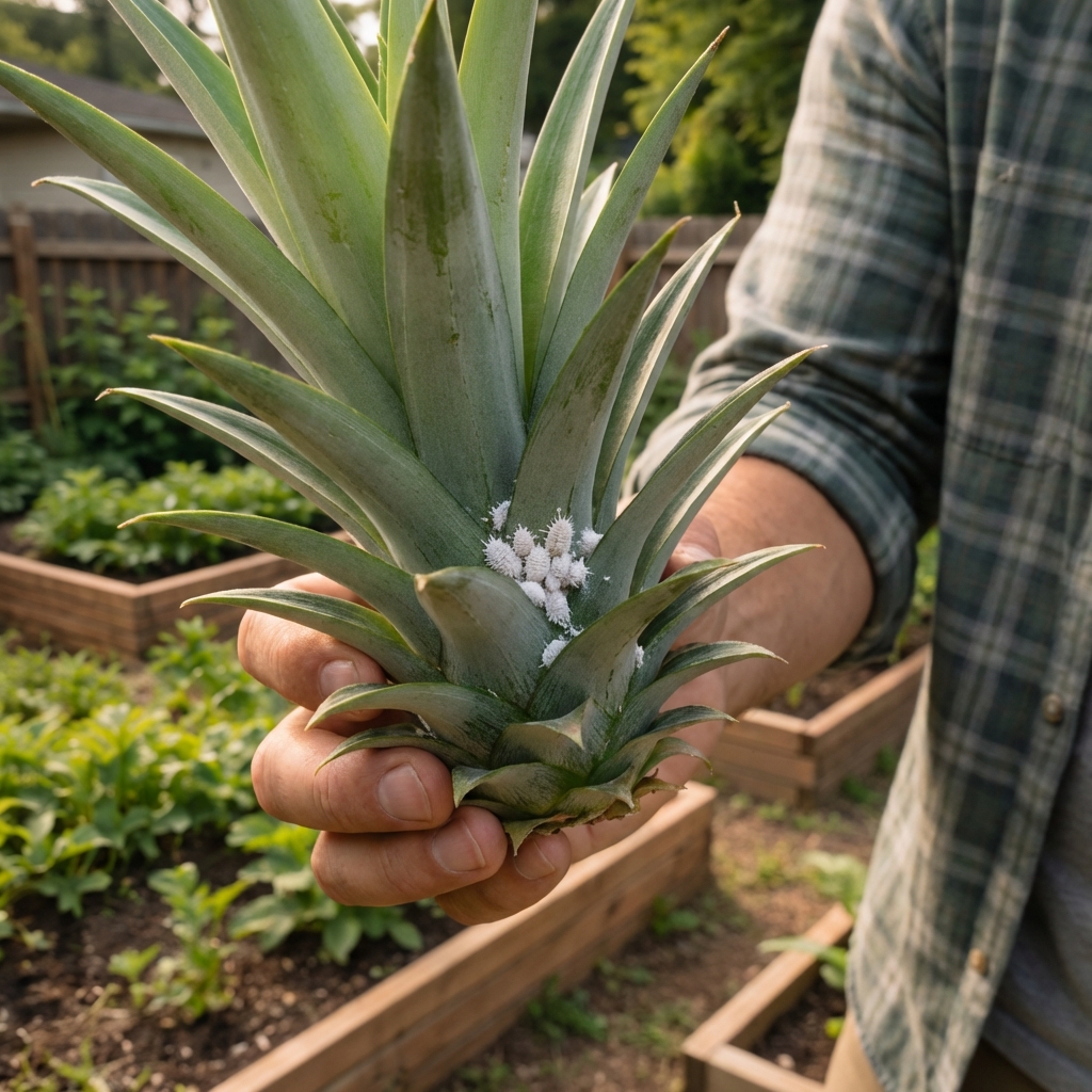 Close-up photo of pineapple leaves showing a small cluster of mealybugs near the leaf base