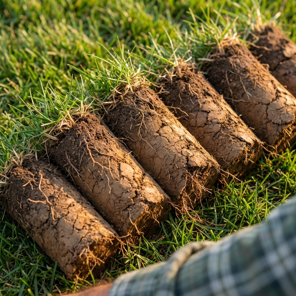 Close-up photo of soil cores pulled from a lawn, showing plugs of grass and compacted soil