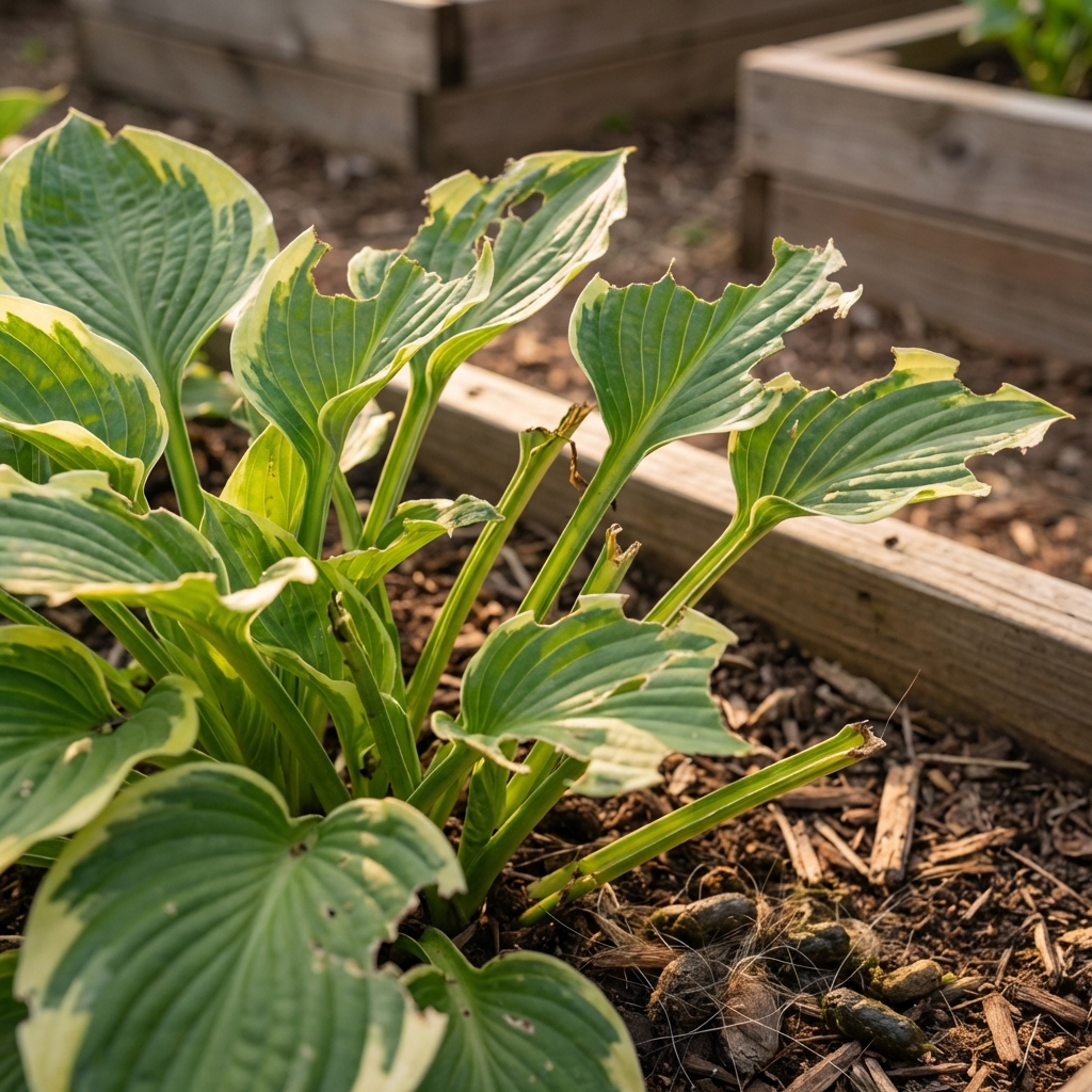 Close-up photograph of deer browse damage on hosta leaves with ragged, torn edges