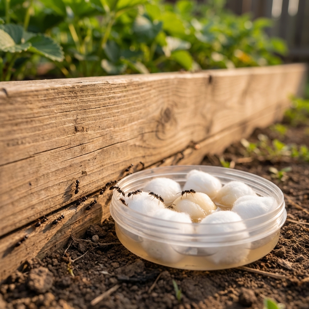 Cotton balls in a shallow lid placed near a wall where ants travel