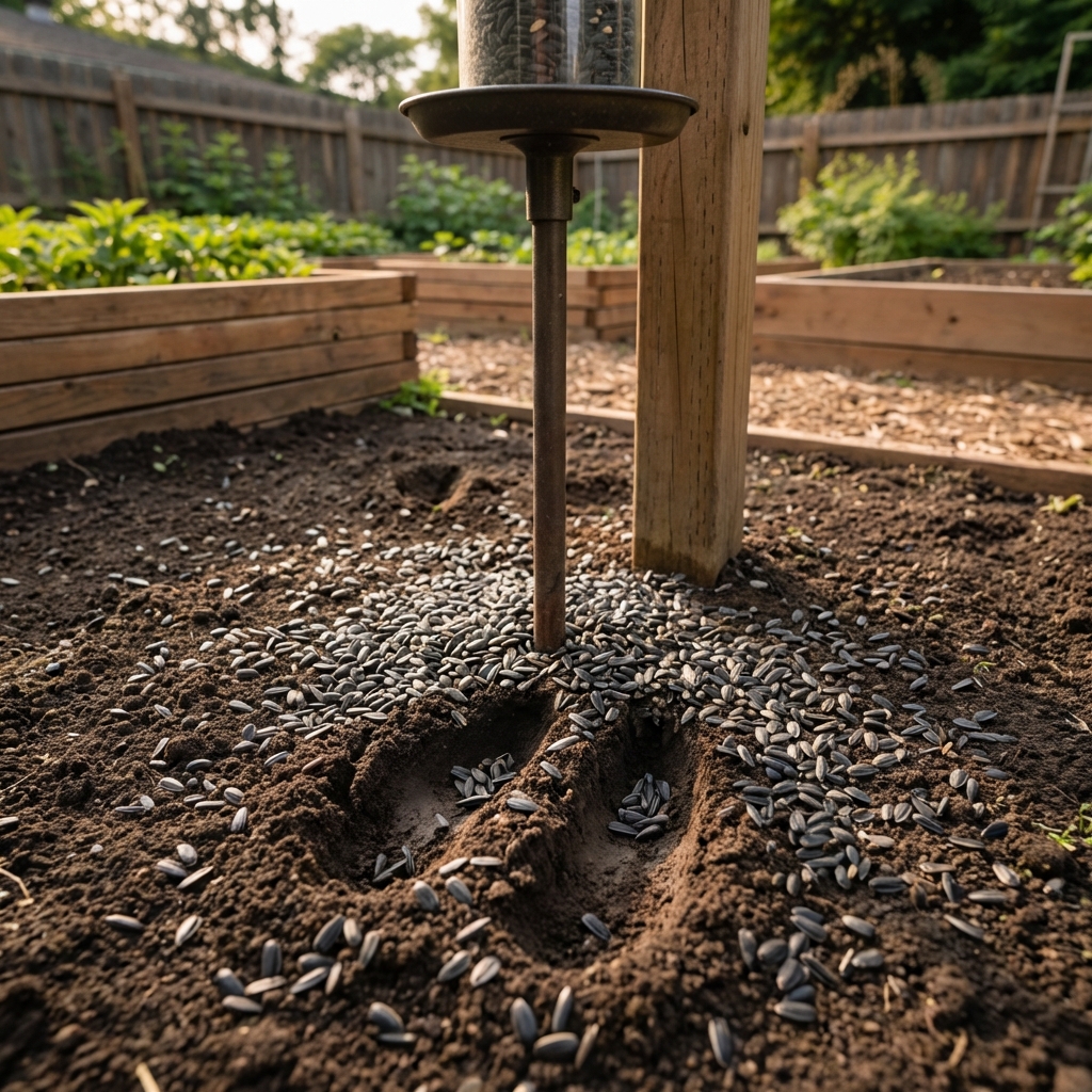 Fresh deer tracks in soft soil next to spilled sunflower seed under a feeder pole
