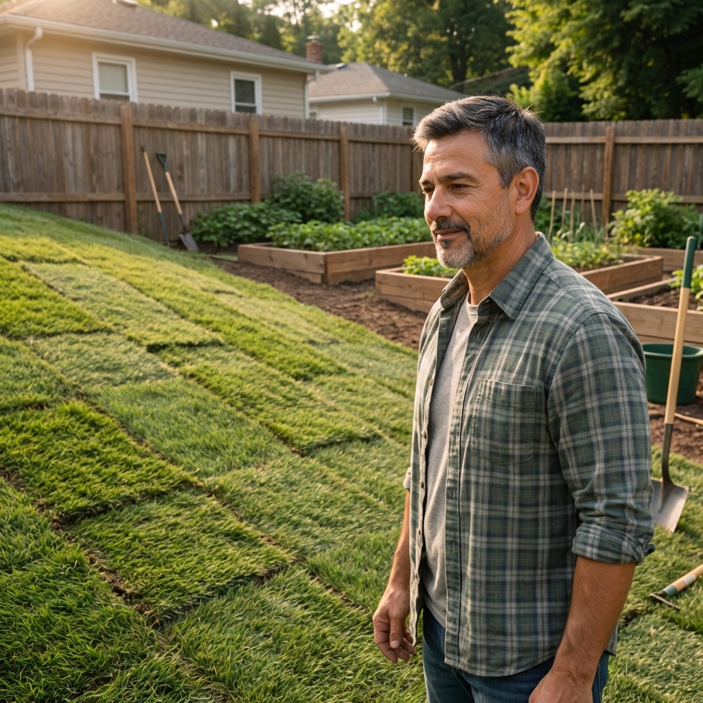 Fresh sod installed across a gentle slope with seams staggered