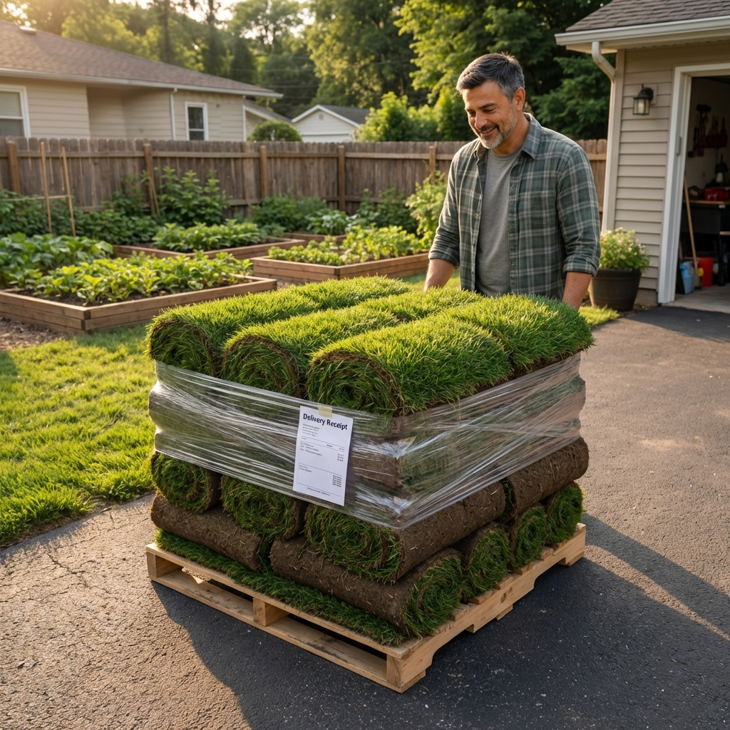 Fresh sod rolls stacked on a pallet in a driveway on delivery day