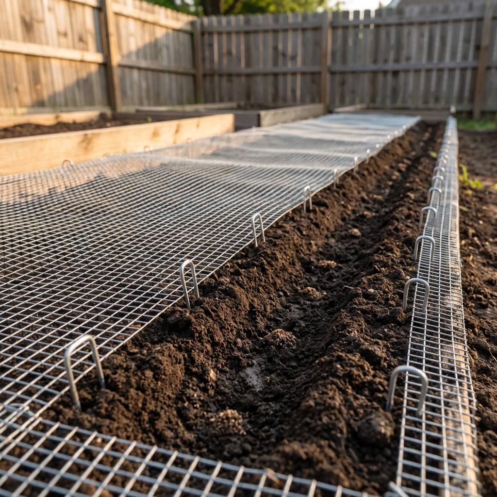 Galvanized hardware cloth pinned over a freshly planted garden row