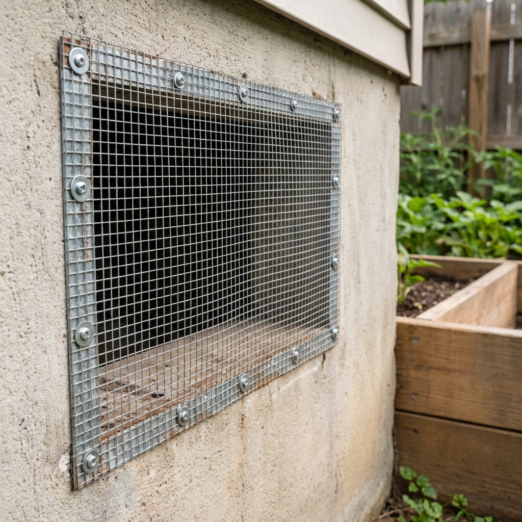 Galvanized hardware cloth secured over a crawlspace vent