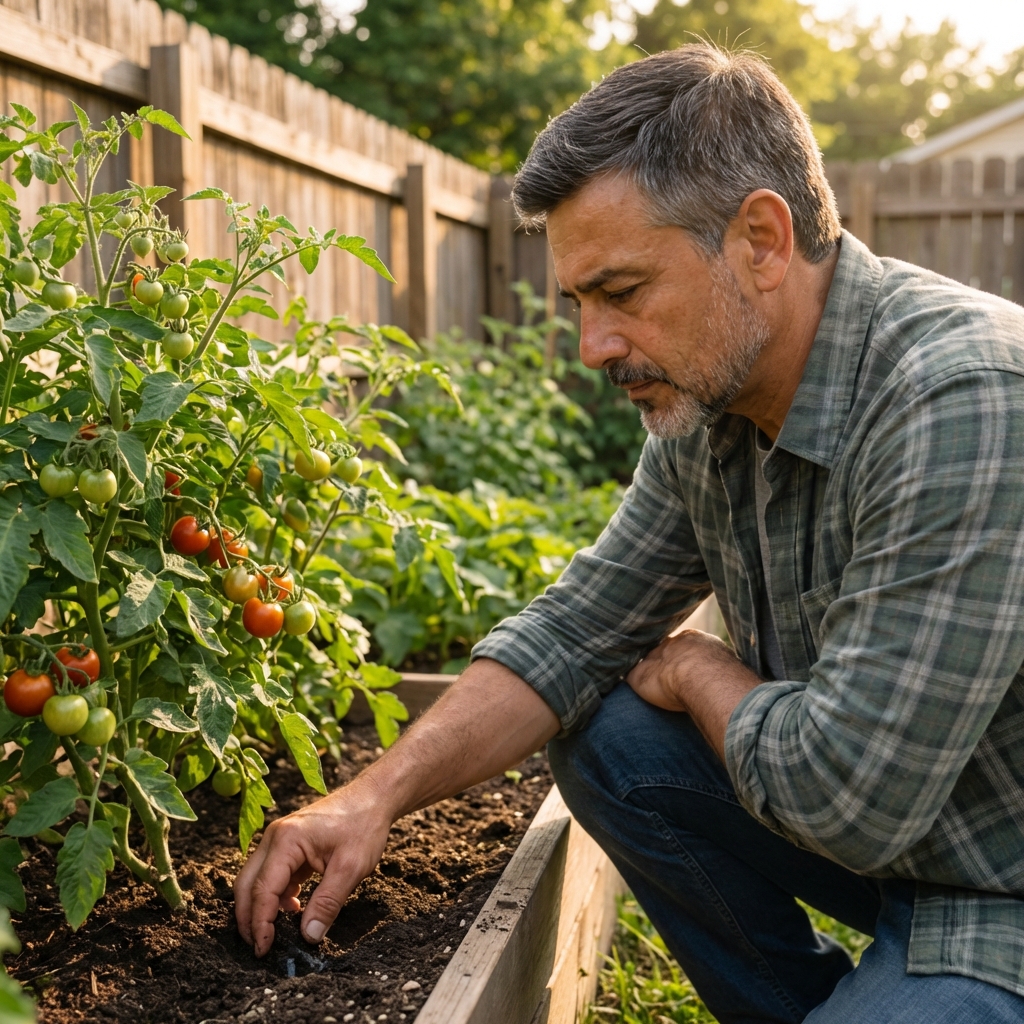 Gardener checking soil moisture near the base of a tomato plant