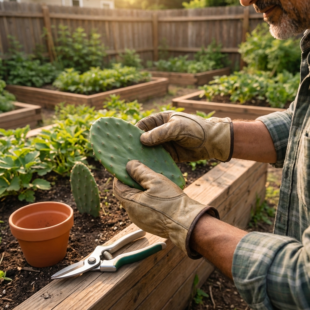 Gloved hands holding a cactus pad with clean pruners and a small pot nearby