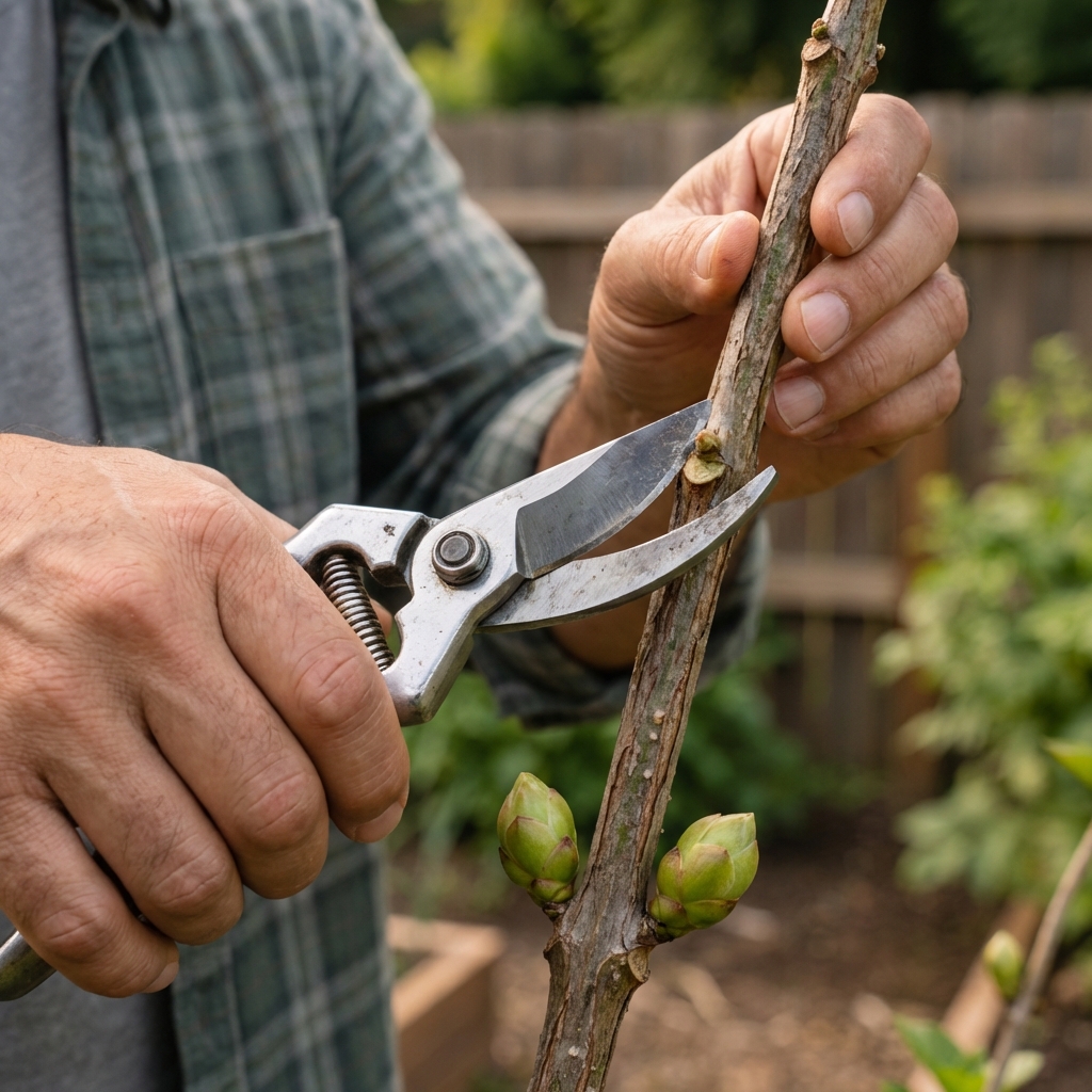 Hand pruners cutting a hydrangea stem just above a pair of buds