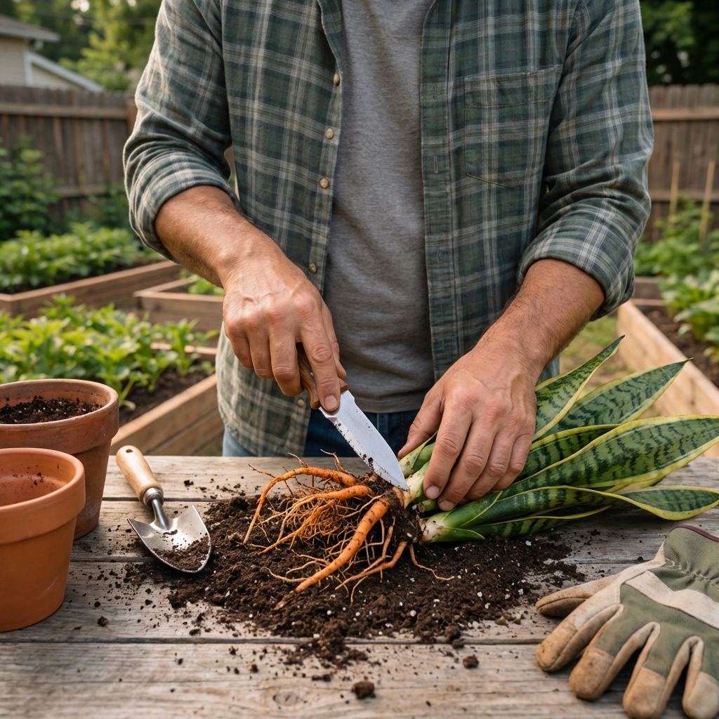 Hands dividing a snake plant rhizome into two sections on a potting bench