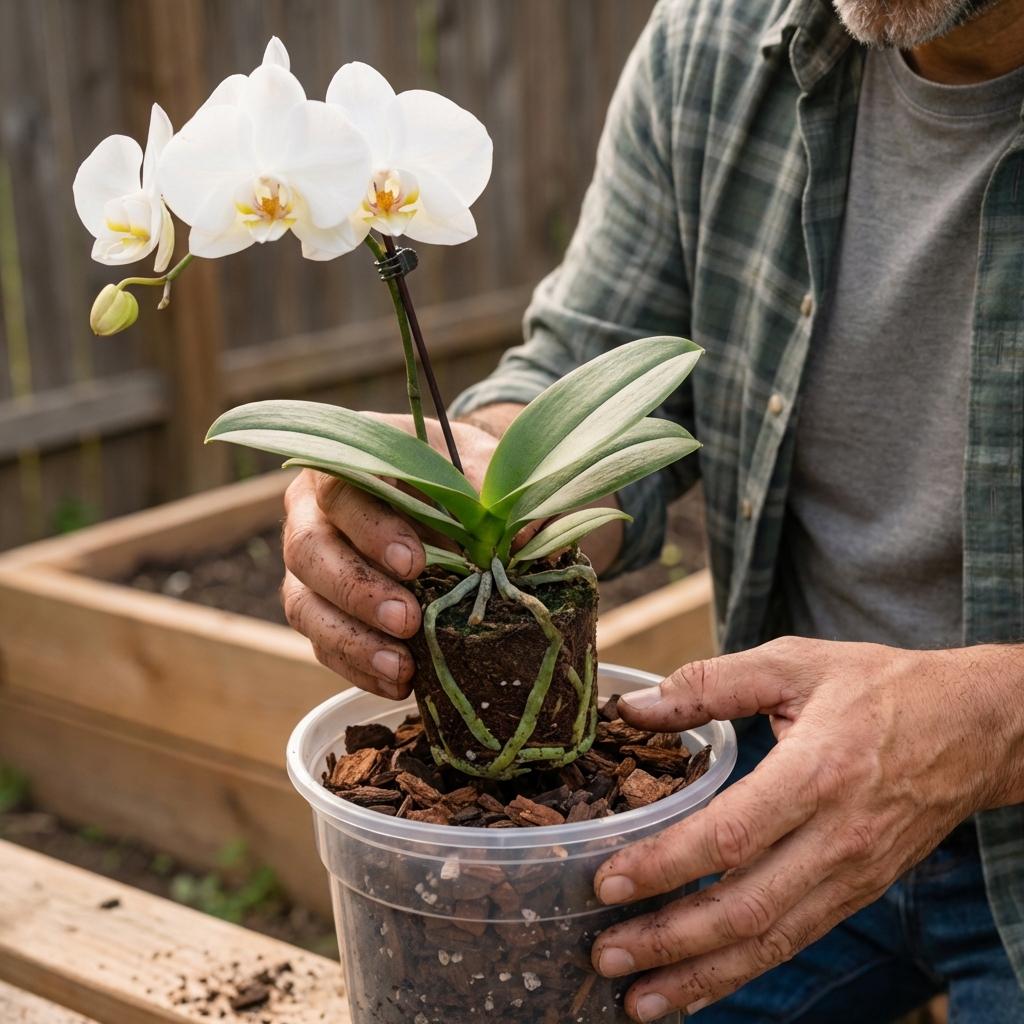 Hands gently holding a moth orchid while placing it into a clear plastic orchid pot with fresh bark mix