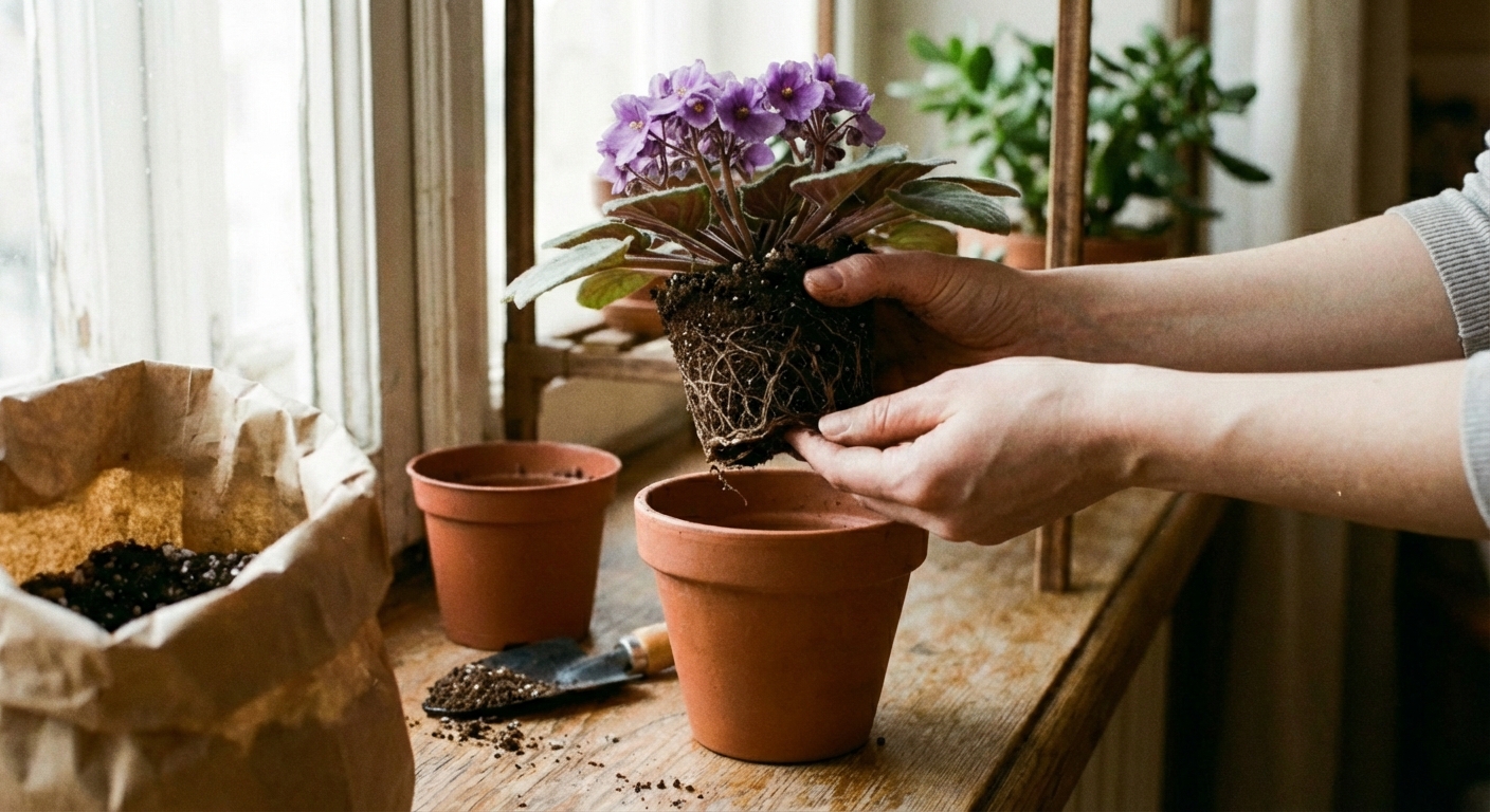 Hands gently holding an African violet root ball above a pot while repotting on a table
