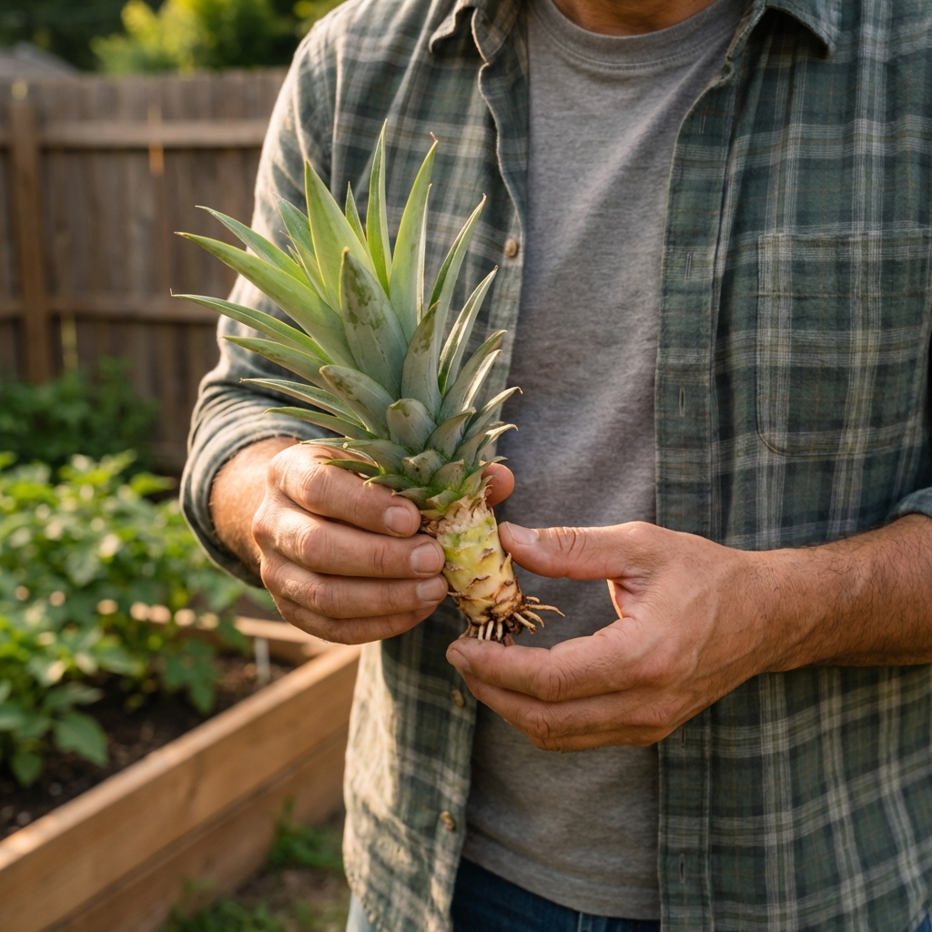 Hands holding a pineapple crown with the lower leaves removed, ready for planting