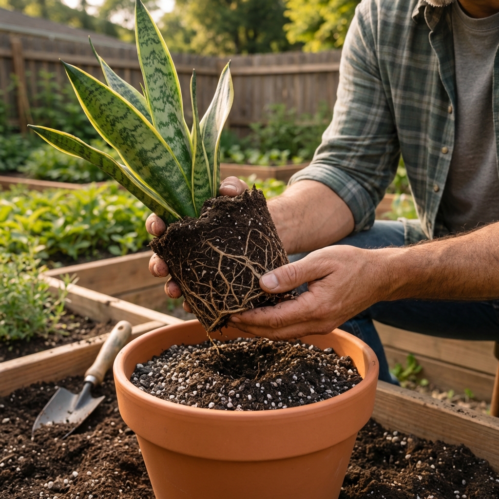 Hands holding a snake plant root ball over a new terracotta pot with fresh gritty soil