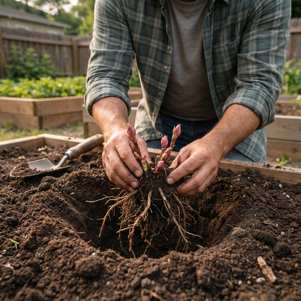 Hands placing a bare-root peony division into a freshly dug garden hole with loose soil around it