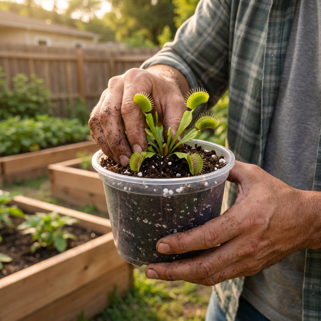 Hands repotting a Venus flytrap into a clean plastic pot with fresh peat and perlite