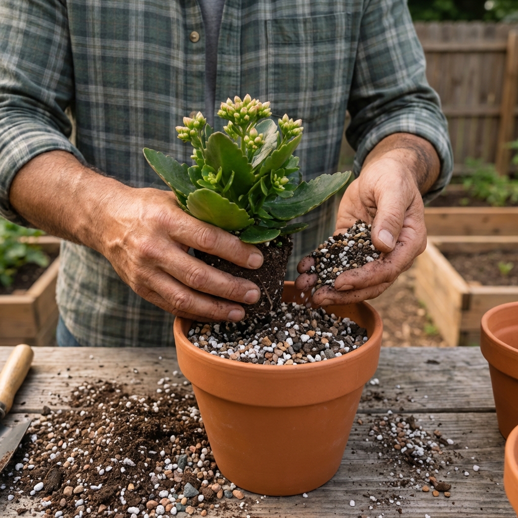 Hands repotting a kalanchoe into a terracotta pot with gritty succulent soil