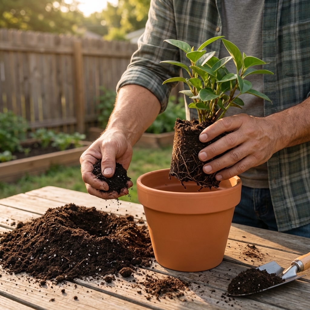 Hands repotting a small houseplant into a clean pot with fresh potting mix on a table