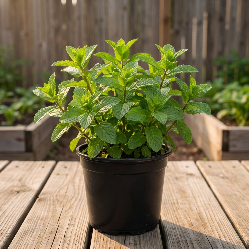 Healthy mint plant in a black nursery pot on a sunny deck