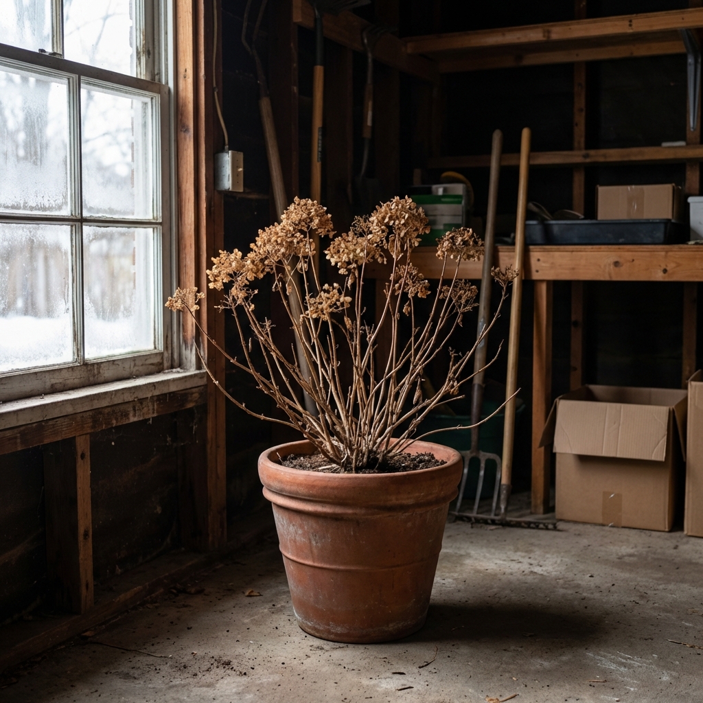 Hydrangea in a large pot placed in an unheated garage near a window with dormant stems