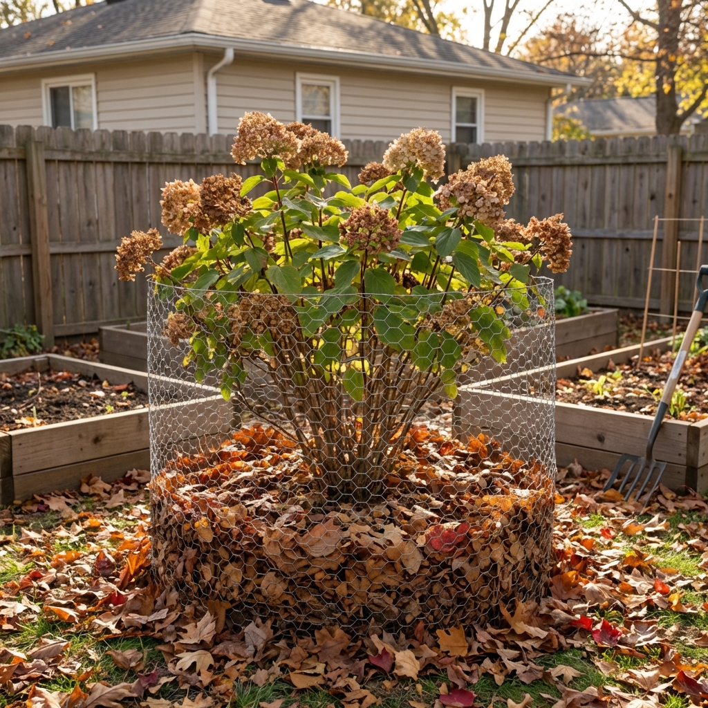 Hydrangea shrub surrounded by a simple chicken wire cylinder filled with dry leaves in a backyard in late fall