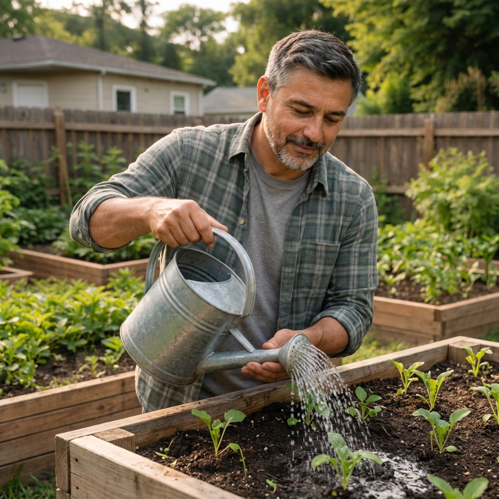 Jose Britto watering seedlings in a raised bed