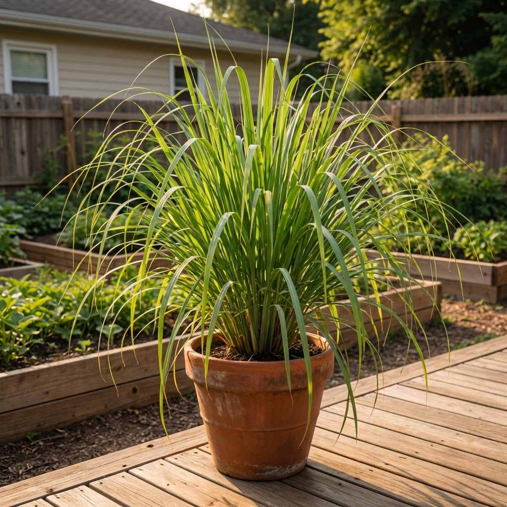 Large potted lemongrass clump with arching green leaves on a patio