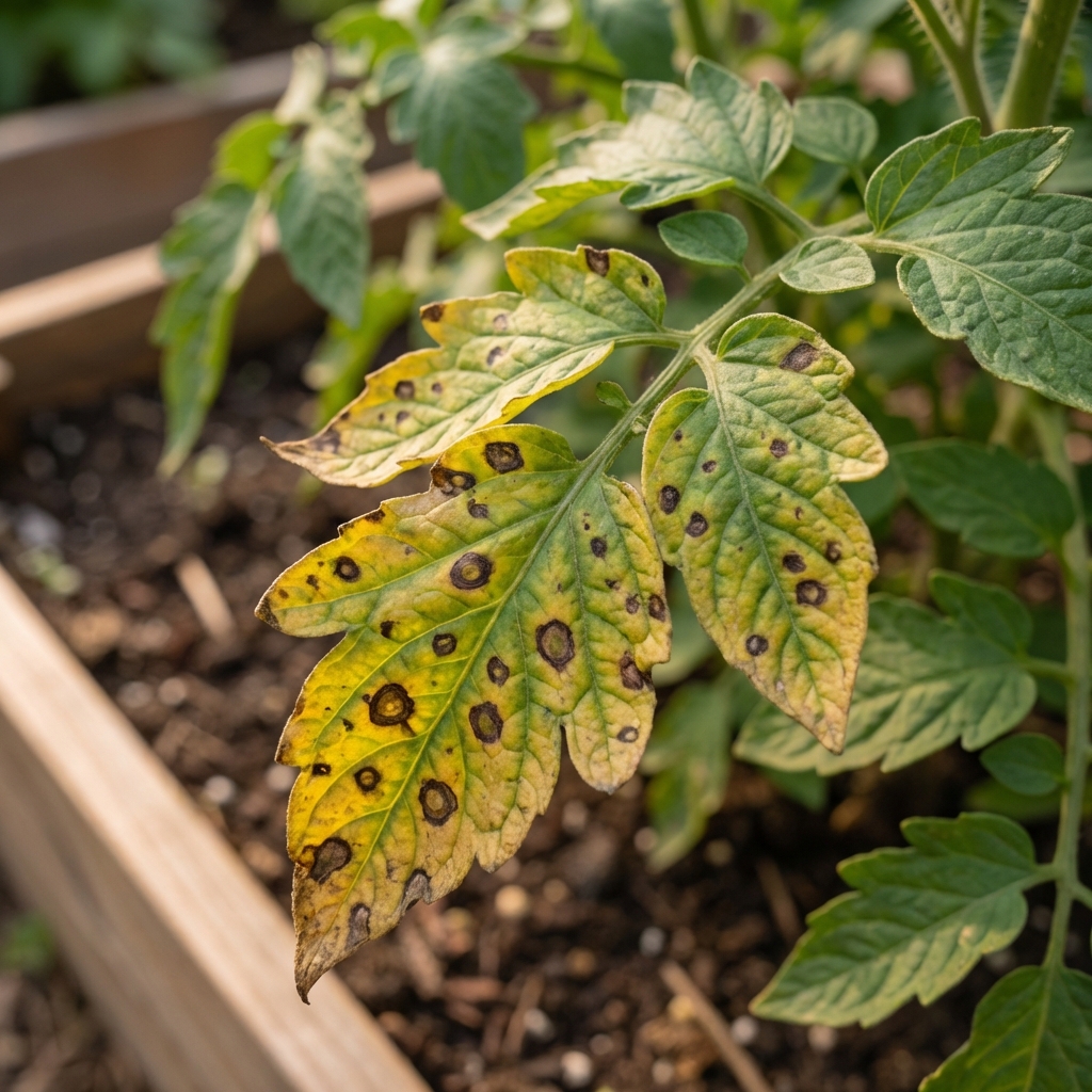 Lower tomato leaf with multiple dark spots and surrounding yellowing
