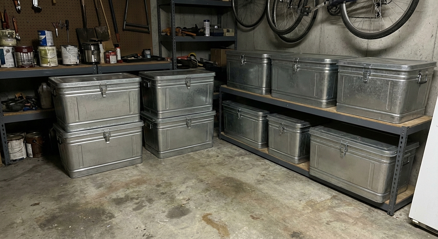 Metal storage bins with tight lids on a garage shelf, with the floor underneath cleared