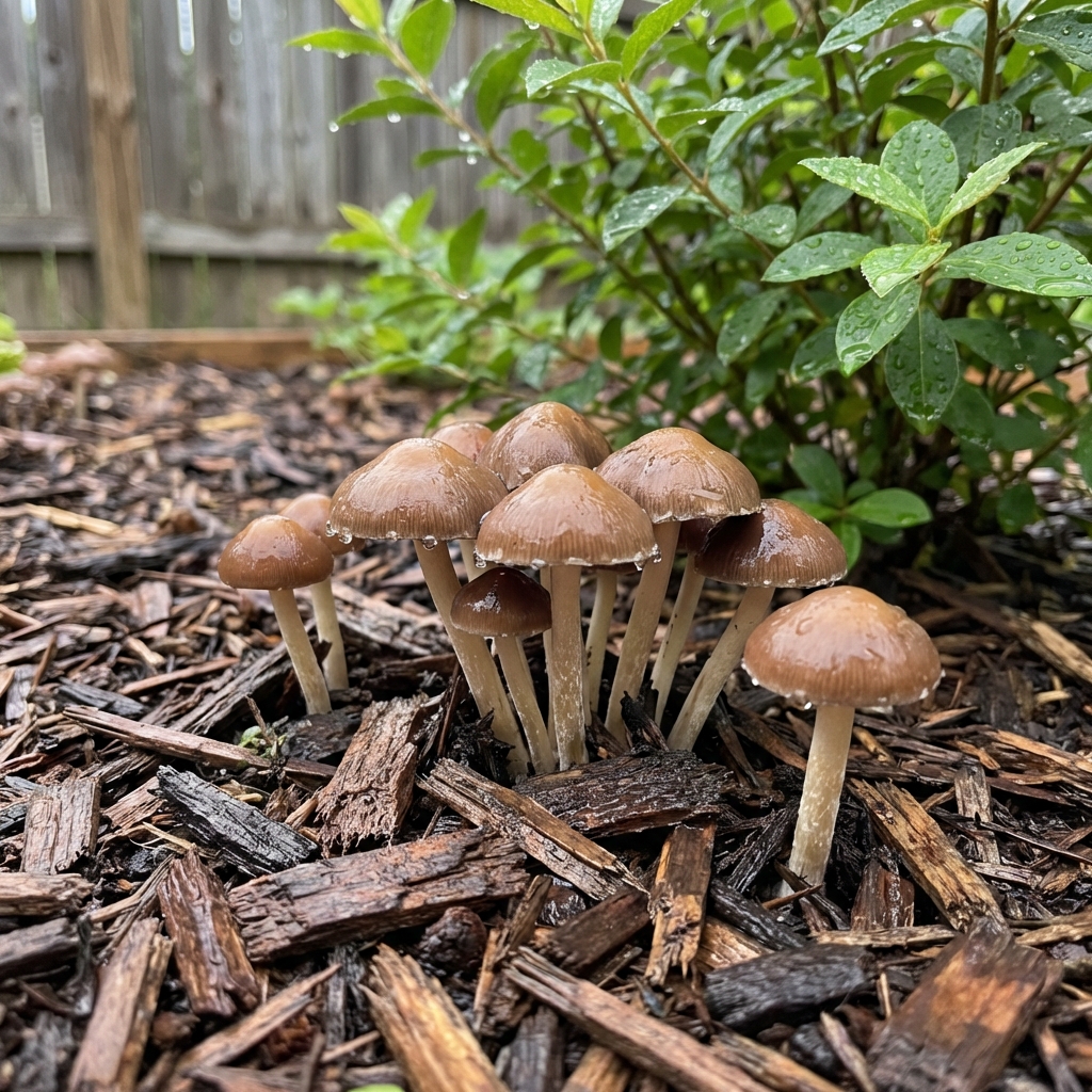 Mushrooms growing in a mulched garden bed near a shrub after rainfall