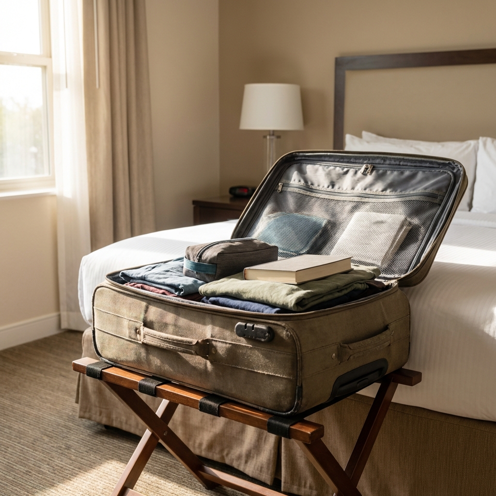 Open suitcase sitting on a luggage rack in a hotel room