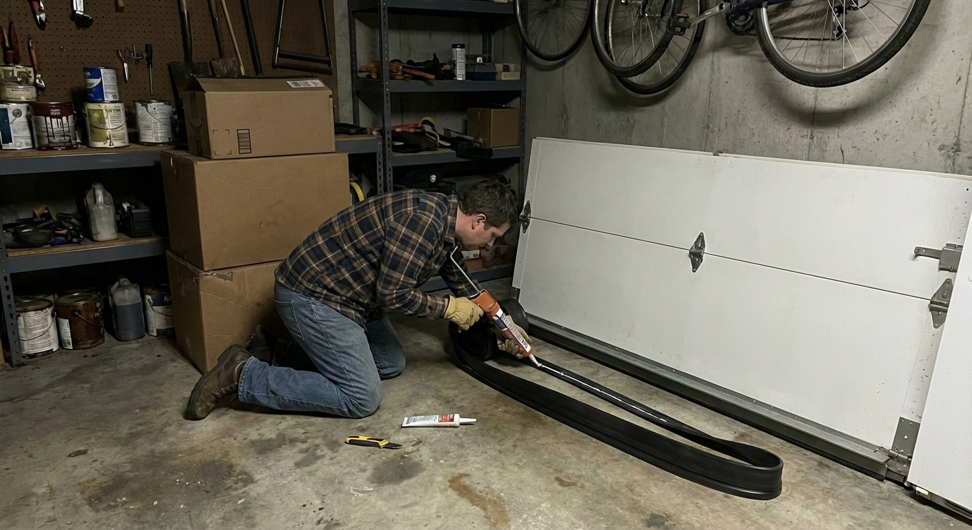 Person installing a rubber garage door threshold seal along the concrete at the base of a closed garage door
