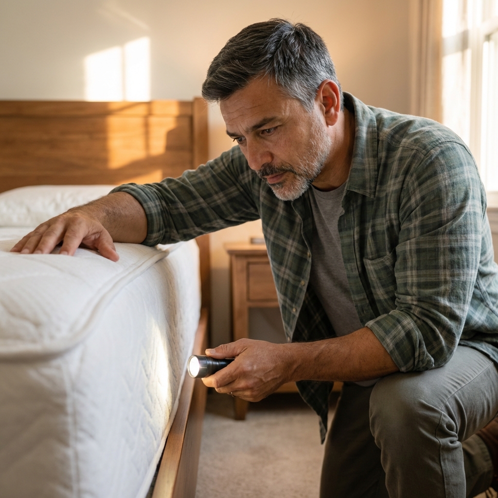 Person lifting a mattress corner to inspect the seam with a flashlight
