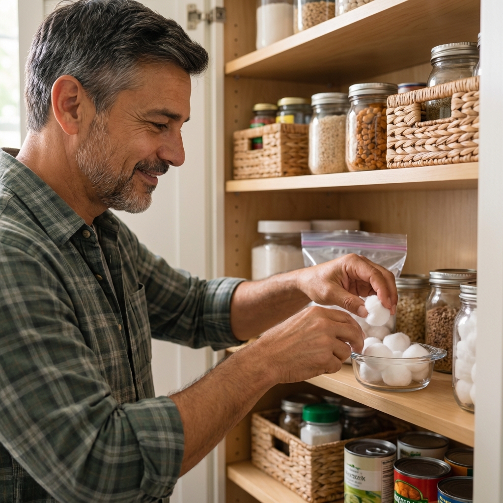 Person placing cotton balls into a small dish inside a pantry cabinet
