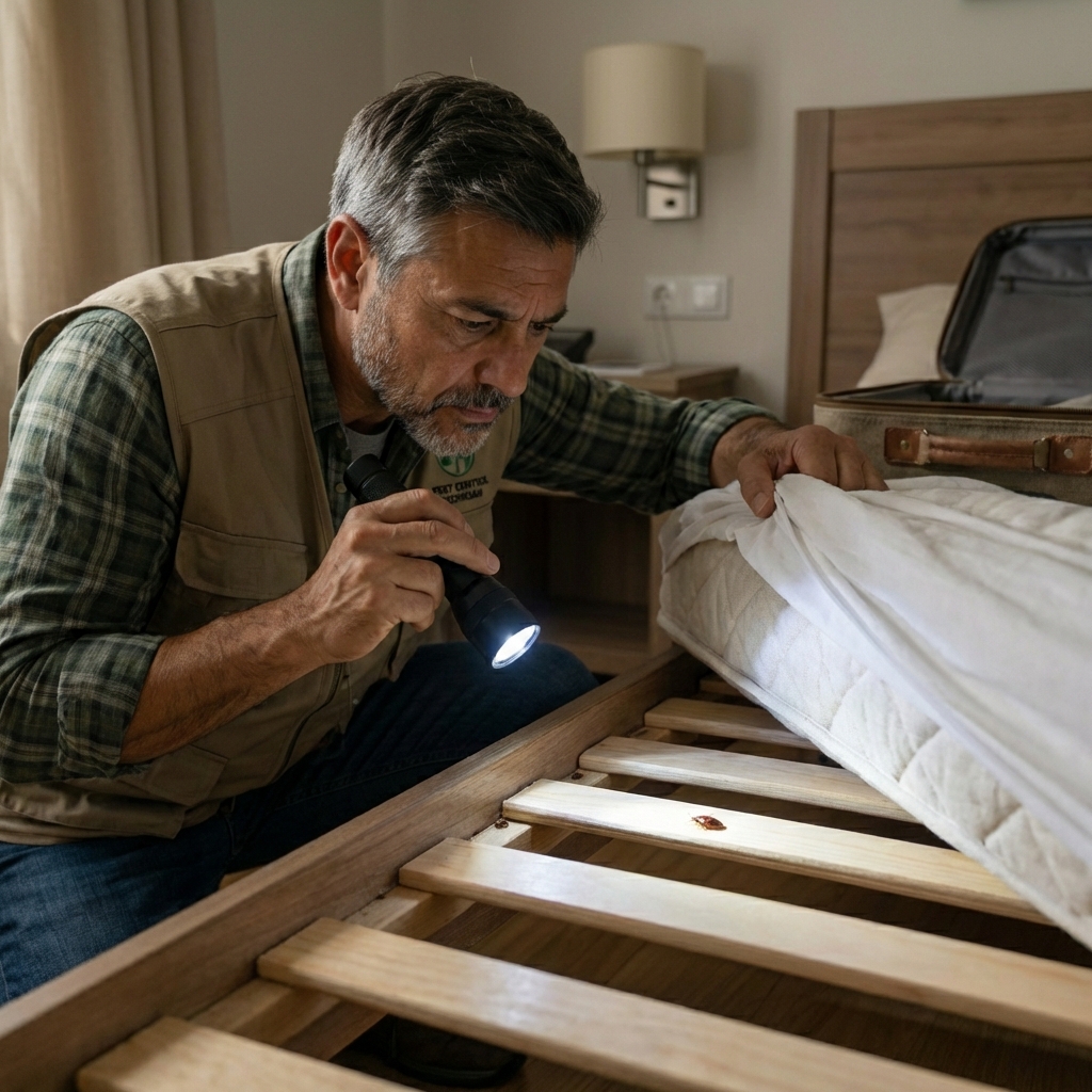 Photo of a pest control technician inspecting a bed frame with a flashlight in a bedroom