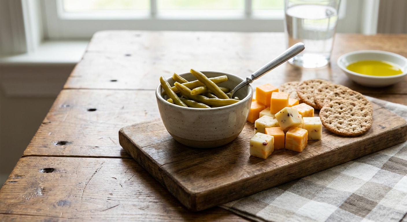 Pickled green beans served alongside cheese cubes and crackers on a wooden table