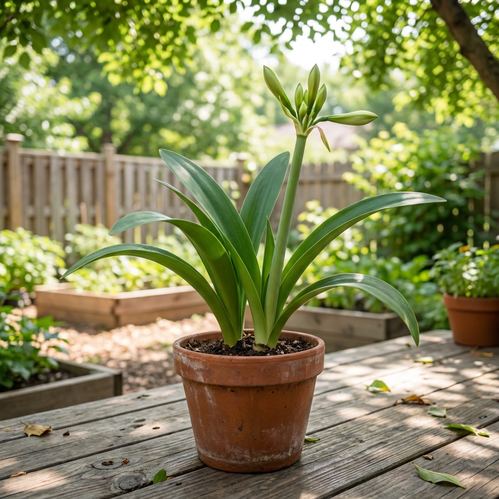 Potted amaryllis with green leaves sitting on an outdoor patio in bright shade